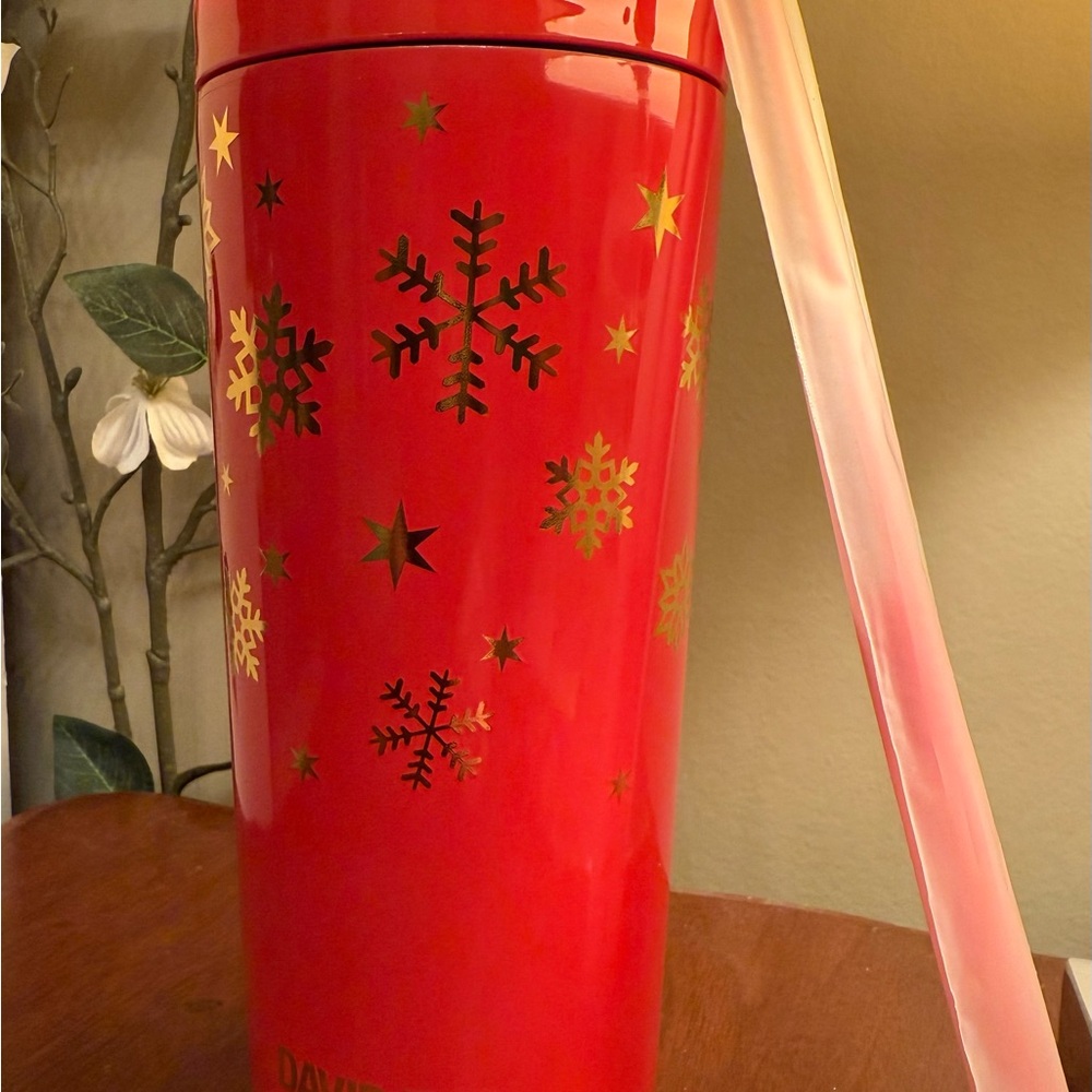 DAVIDsTEA Red Travel Mug with Gold Snowflakes